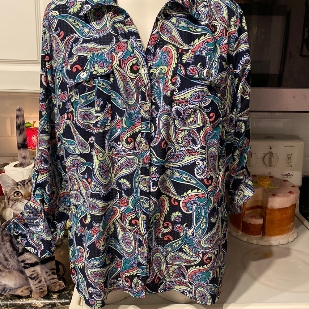 P Kim Rogers paisley long roll tab sleeves button up pants plus size shirt 2X